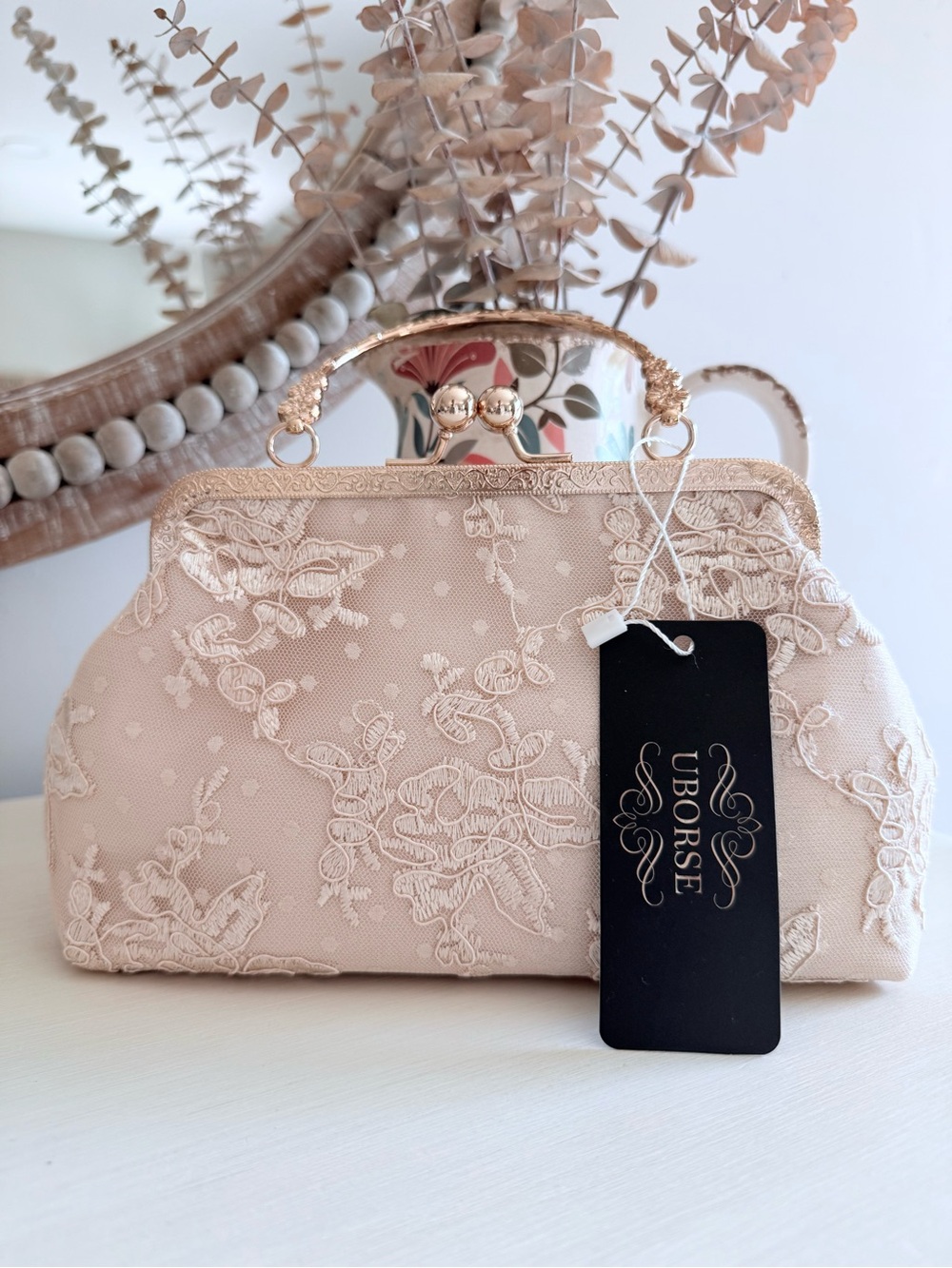 ✨ NWT Champagne Lace Bridal Clutch Wedding Evening Bag Rose Gold Chain ✨
